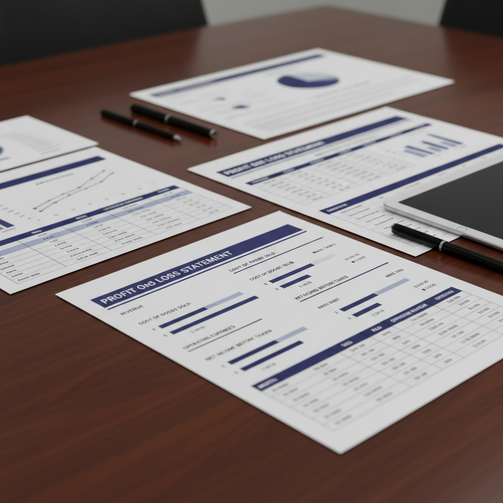 Close-up view of printed financial reports and Excel-style tables on a polished conference table. Include clearly visible P&L sections, revenue, expenses, and margins, with accent lines and headings in #131e66. Clean, minimal corporate style, no people, calm light and soft shadows.