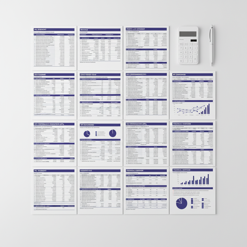 Square-format composition showing a whiteboard or desk covered with printed Excel sheets, P&L snapshots, and KPI tables, all neatly arranged. Accent elements such as headings, data highlights, and small graphic shapes use #131e66 to tie in with brand colors. Clean, modern, no people.