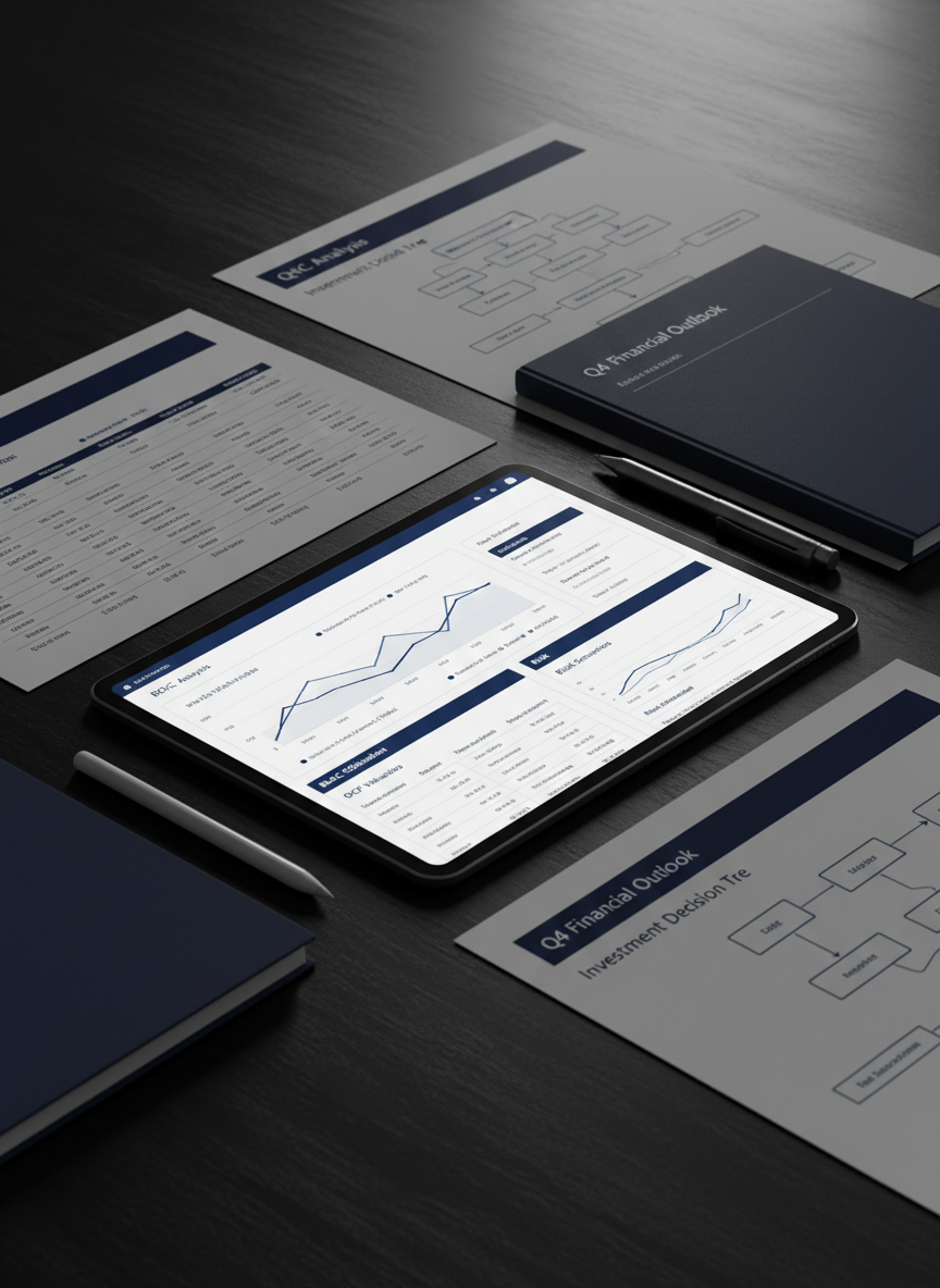 Premium, portrait-format still-life of advanced corporate finance documents and dashboards on a dark, minimalist desk. Visible metrics and labels include ROIC, WACC, Black-Scholes, DCF, and risk scenarios, with charts, graphs, and tables laid out cleanly. Use brand accent color #131e66 for headings, chart accents, and thin dividing lines. Style is ultra-professional, high contrast, and modern, with lots of white space, subtle shadows, and no people.