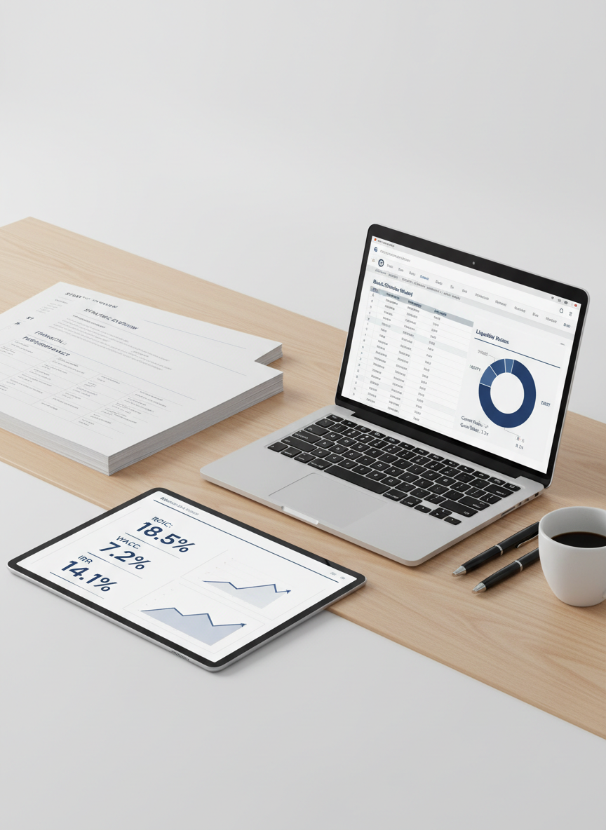 Premium, portrait-format still-life of advanced corporate finance documents, dashboards, and KPI summaries arranged near a slim laptop on a minimalist desk. Visible metrics and labels include ROIC, WACC, Black-Scholes, IRR, and liquidity ratios, with clean charts and tables. Use brand accent color #131e66 for headings, chart accents, and thin dividing lines. Style is ultra-professional, high contrast, and modern, with lots of white space, subtle shadows, and no people.